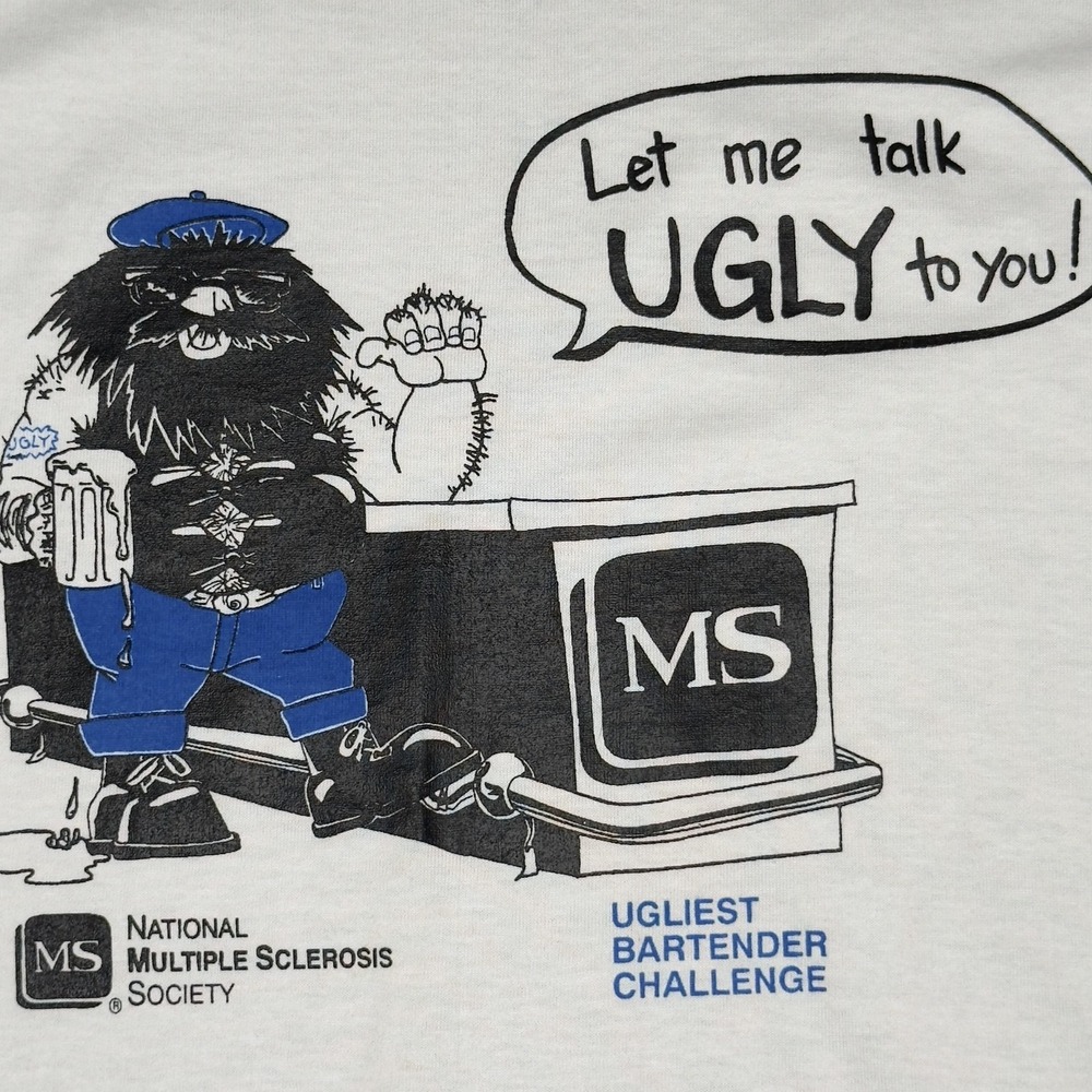 Vtg 90s T-Shirt Fruit of the Loom Ugliest Bartender Challenge Graphic XL White